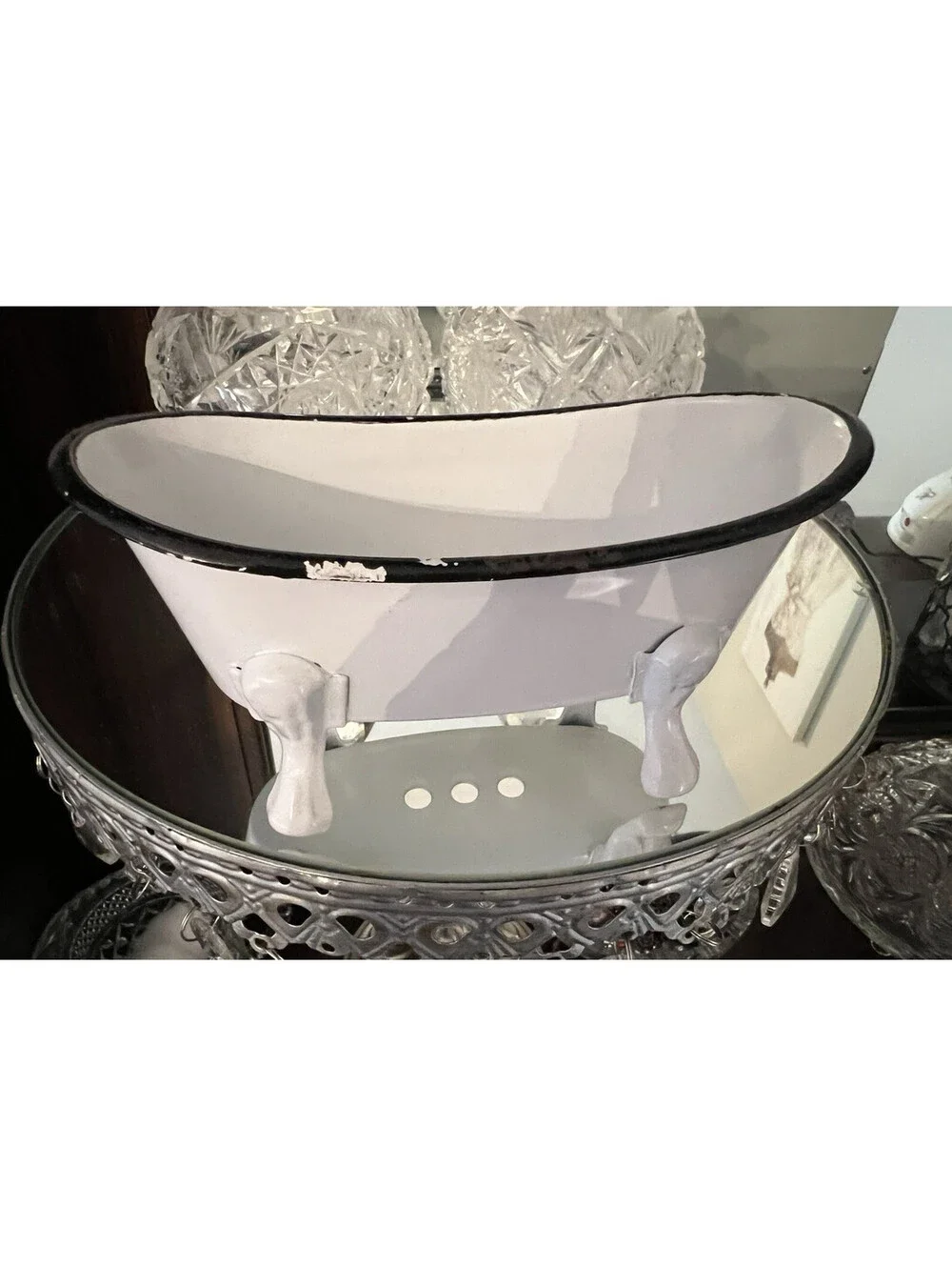 Adorable Tiny 5” White Metal Bathtub claw feet Soap Dish Drain Holes